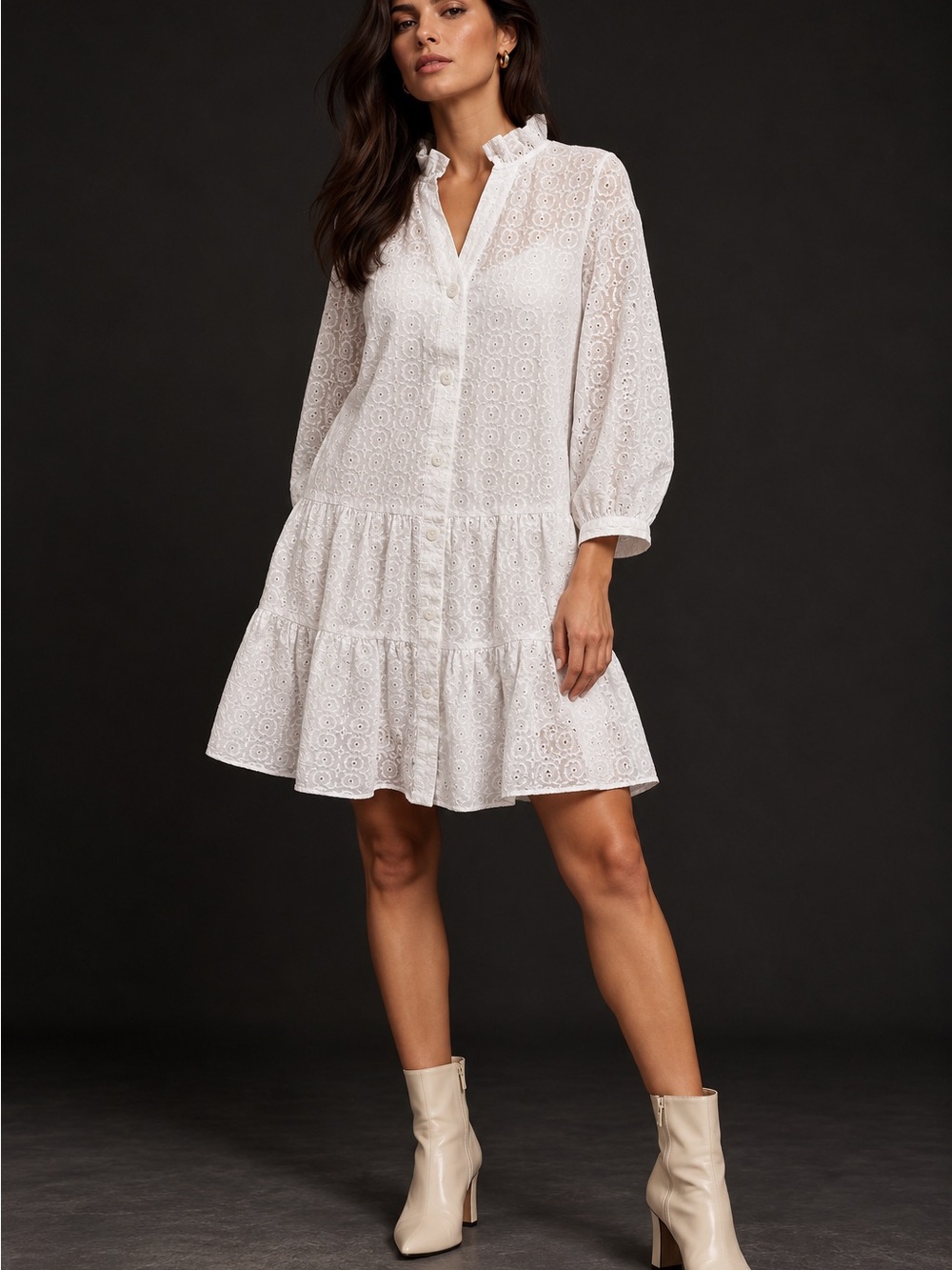 Tommy Hilfiger White Eyelet Tiered Midi Shirt Dress